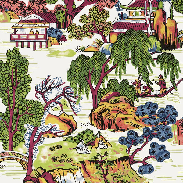 Asian Scenic Coral and Green - Green Wallcovering | Thibaut