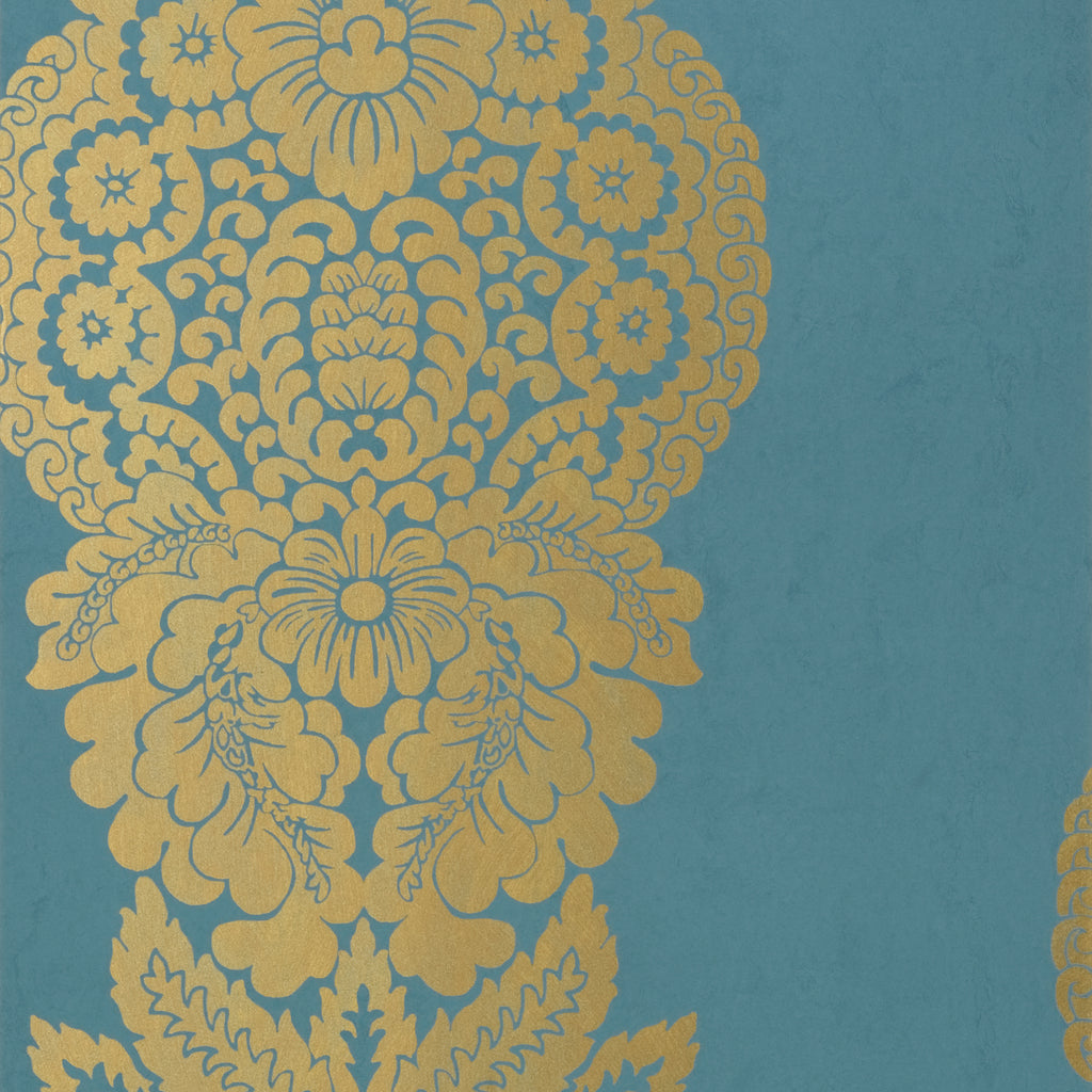 Rowan Damask Metallic Gold on Peacock | Thibaut