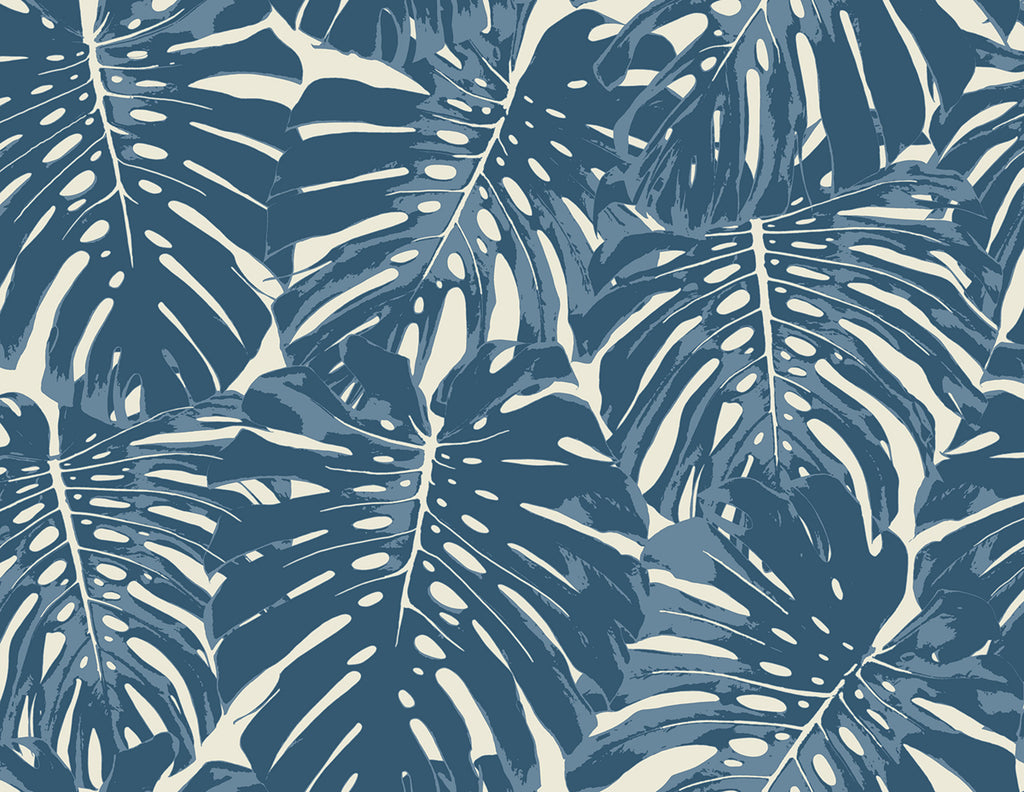 Malibu Jamaica Wallpaper - Coastal Botanical - Prussian Blue and White | Malibu Wallpaper