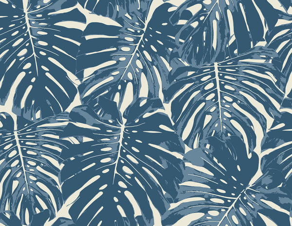 Malibu Jamaica Wallpaper - Coastal Botanical - Prussian Blue and White | Malibu Wallpaper