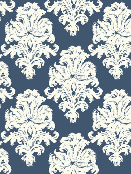 Malibu Montserrat Wallpaper - Coastal Damask - Prussian Blue and White | Malibu Wallpaper