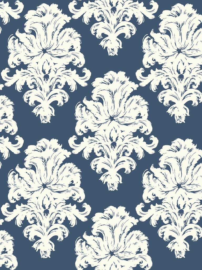 Malibu Montserrat Wallpaper - Coastal Damask - Prussian Blue and White | Malibu Wallpaper
