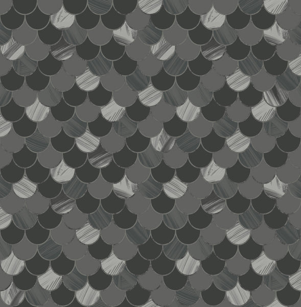 Malibu Catalina Scales Wallpaper - Coastal Animal Print - Black, Ocean Blue, Gray, and Metallic Silver | Malibu Wallpaper