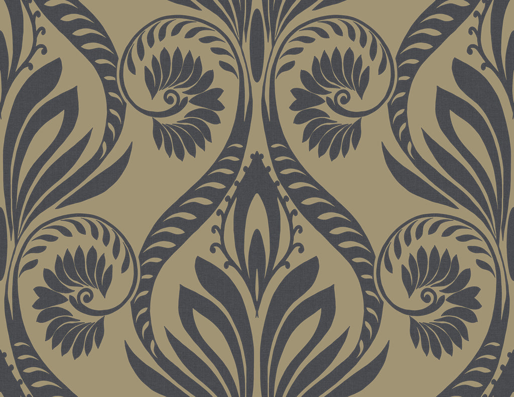 Malibu Bonaire Wallpaper - Coastal Damask - Black and Metallic Gold | Malibu Wallpaper