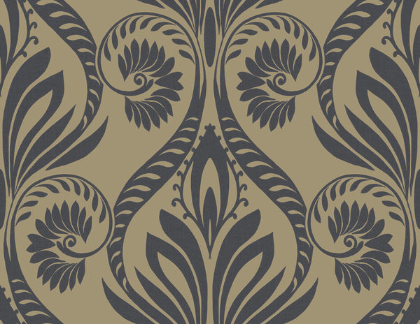 Malibu Bonaire Wallpaper - Coastal Damask - Black and Metallic Gold | Malibu Wallpaper