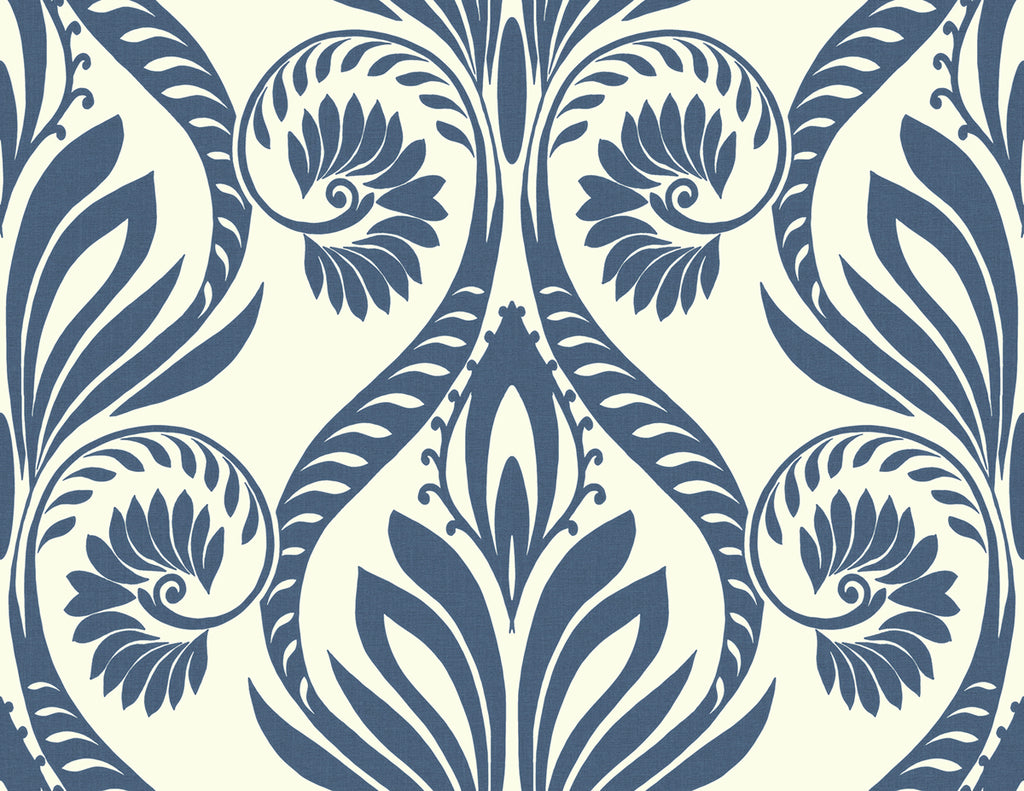 Malibu Bonaire Wallpaper - Coastal Damask - Navy Blue and White | Malibu Wallpaper