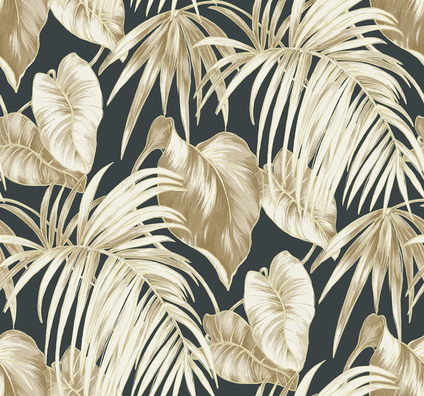 Malibu Dominica Wallpaper - Coastal Botanical - Black, Metallic Gold, Camel, and White | Malibu Wallpaper