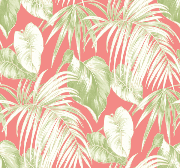 Malibu Dominica Wallpaper - Coastal Botanical - Salmon, Green, and White | Malibu Wallpaper