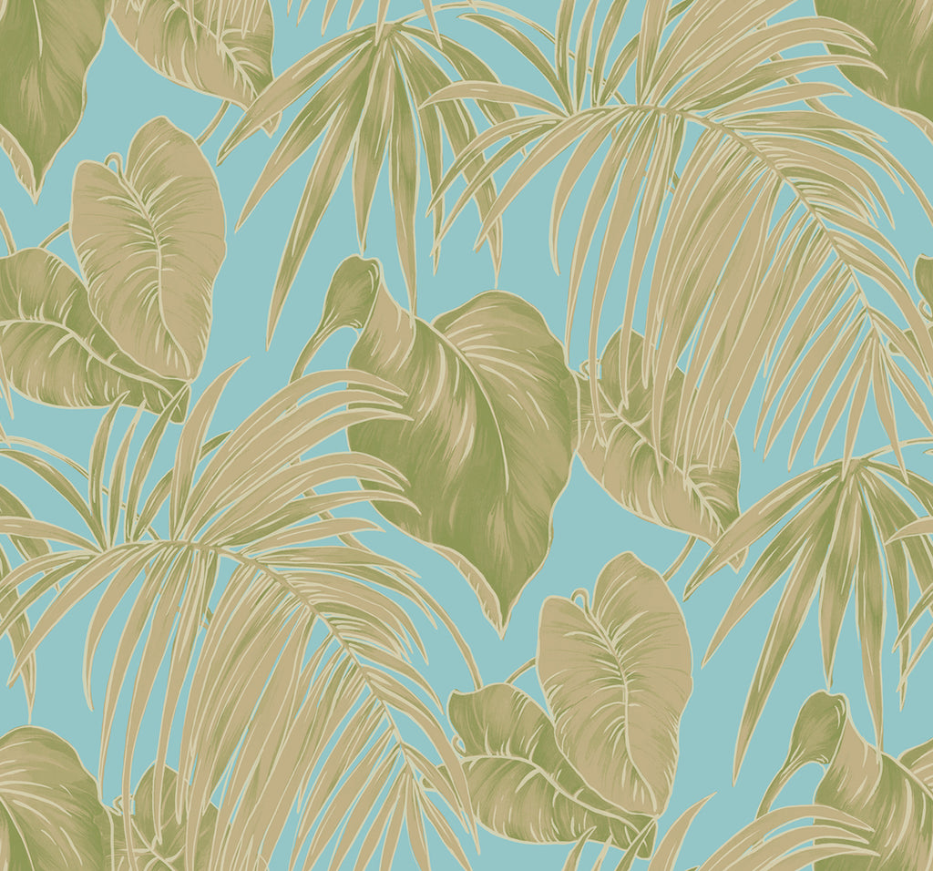Malibu Dominica Wallpaper - Coastal Botanical - Turquoise, Green, and White | Malibu Wallpaper