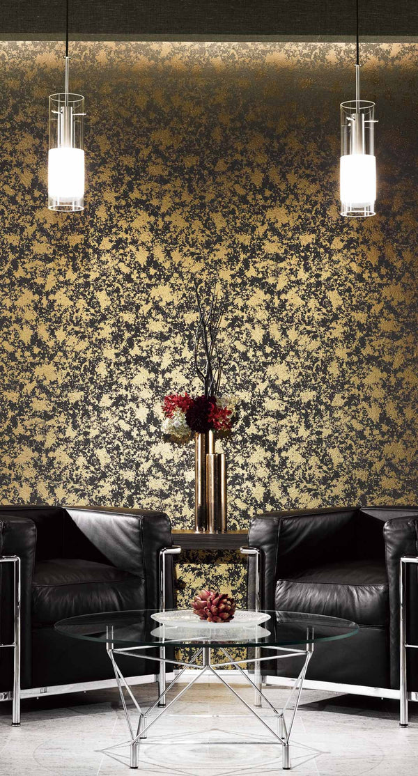Steeped Leaf Black Gold - Black Commercial Wallcovering | Koroseal