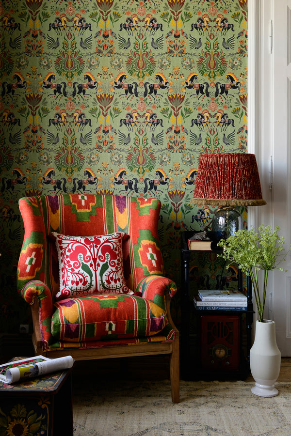 The Folk Parade - Taupe, Black, Green, Yellow, Red Wallcovering | Mind the Gap