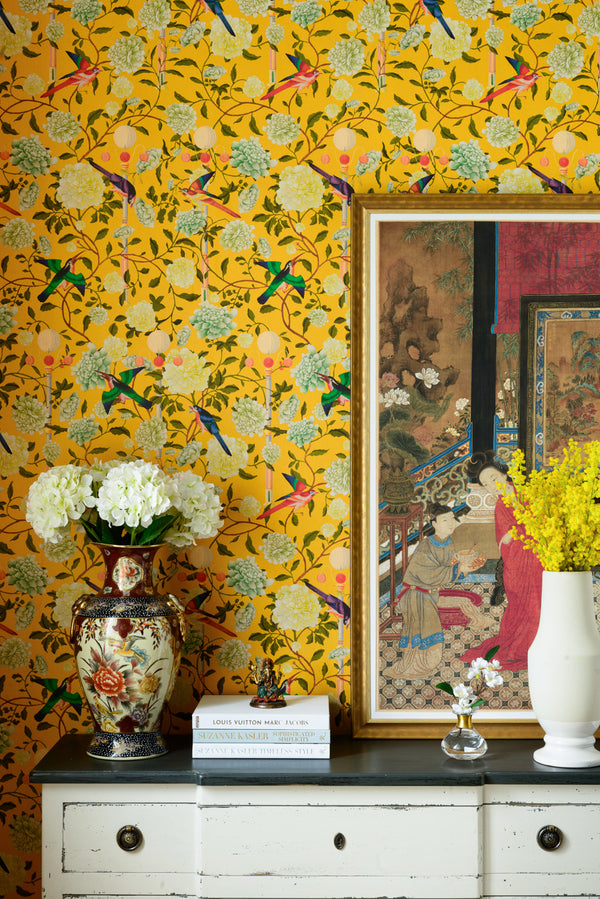 The Garden of Immortality Mustard Yellow - White, Green, Red, Mustard Yellow Wallcovering | Mind the Gap