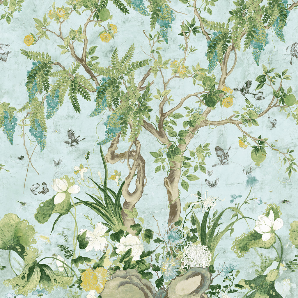 Wild Wisteria Mural Spa Blue Fabric | Thibaut