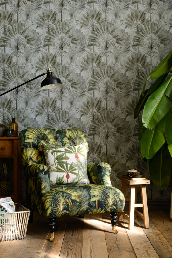 Traveller's Palm Neutral - Green, Grey Wallcovering | Mind the Gap