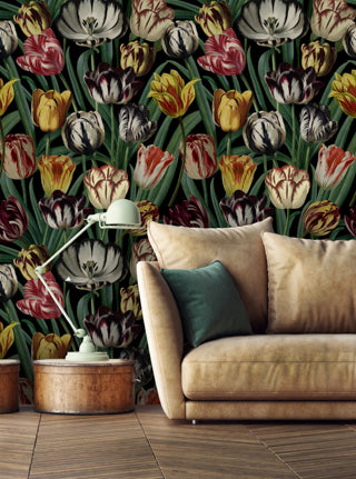 Tulipa - Black, White, Green, Yellow, Red Wallcovering | Mind the Gap