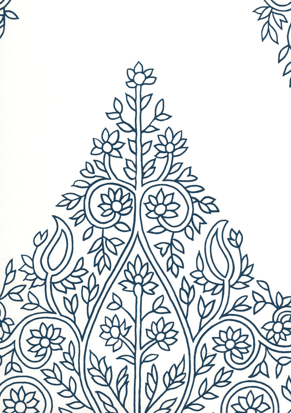 Taj Navy on White Screen Printed - White Wallcovering | China Seas