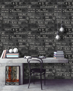Vintage Signs Anthracite Wallpaper | Mind The Gap