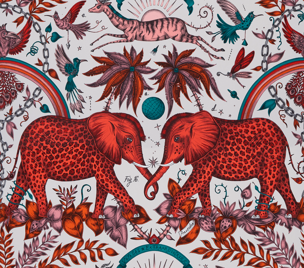 Zambezi - Flame  Red By Clarke And Clarke | Wilderie By Emma J Shipley For C&C |Animal/Insects Novelty Wallcovering Print