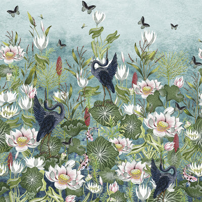 Samples and Purchasing available for Waterlily Banner Wp - Marine Multi By Clarke And Clarke | Clarke & Clarke Botanical Wonders Wallpaper | Animal/Insects Wallcovering Print at Designer Wallcoverings and Fabrics
