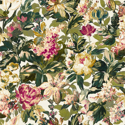 Lilum - Olive Raspberry Wp Green By Clarke And Clarke | Clarke & Clarke Marianne Wallcovering | Botanical & Floral Wallcovering Print