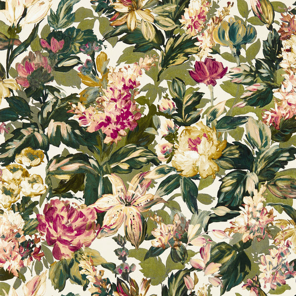 Lilum - Olive Raspberry Wp Green By Clarke And Clarke | Clarke & Clarke Marianne Wallcovering | Botanical & Floral Wallcovering Print