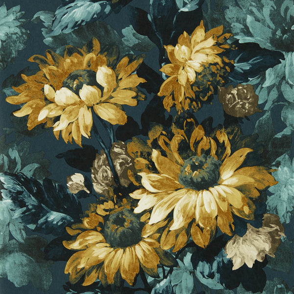 Sunforest - Denim Ochre Wp Dark Blue By Clarke And Clarke | Clarke & Clarke Marianne Wallcovering | Botanical & Floral Wallcovering Print