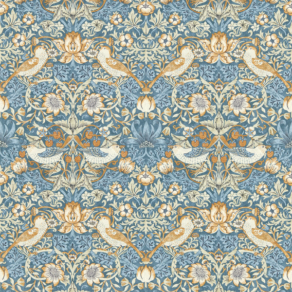 Strawberry Thief - Denim Wp Blue By Clarke And Clarke | Clarke & Clarke William Morris Wallcovering |Botanical & Floral Animal/Insects Wallcovering Print