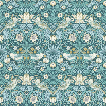 Strawberry Thief - Teal Wp Teal By Clarke And Clarke | Clarke & Clarke William Morris Wallcovering |Botanical & Floral Animal/Insects Wallcovering Print
