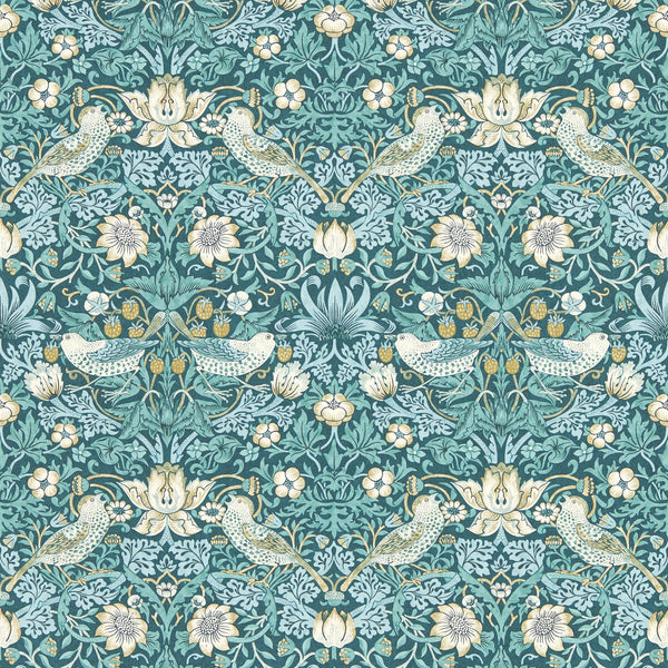 Strawberry Thief - Teal Wp Teal By Clarke And Clarke | Clarke & Clarke William Morris Wallcovering |Botanical & Floral Animal/Insects Wallcovering Print