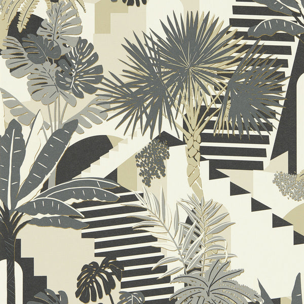 Malindi - Charcoal Wp Black By Clarke And Clarke | Clarke & Clarke Breegan Jane Wallcovering |Botanical & Floral Metallic Wallcovering Print