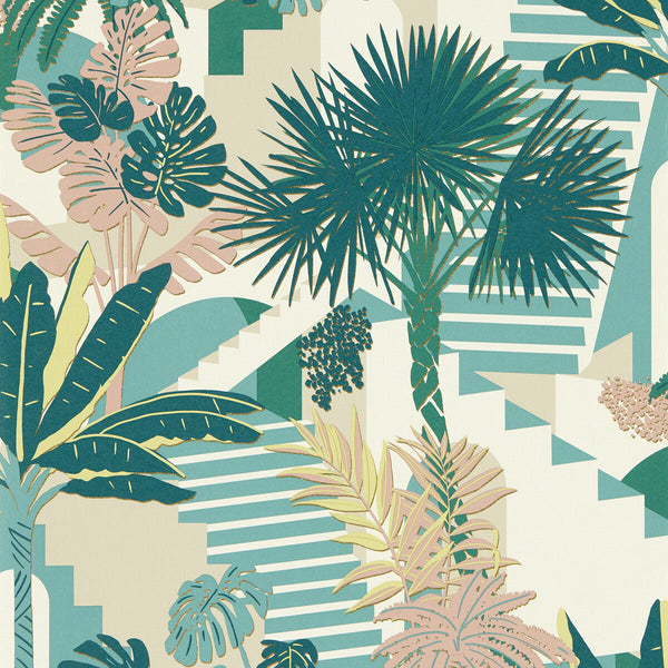 Malindi - Mineral/Blush Wp Turquoise By Clarke And Clarke | Clarke & Clarke Breegan Jane Wallcovering |Botanical & Floral Metallic Wallcovering Print