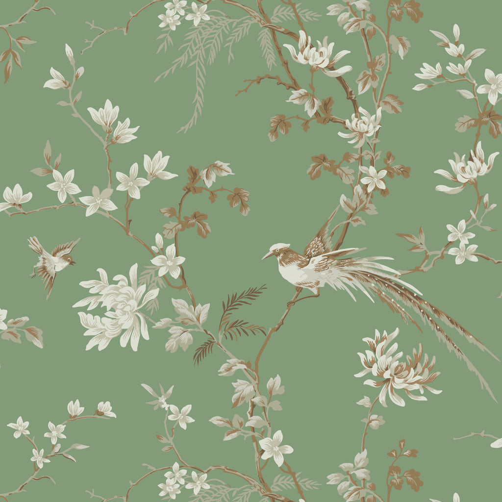 W3714-3 Green | Kravet Design | Ronald Redding |Chinoiserie Flora & Fauna Wallcovering Print