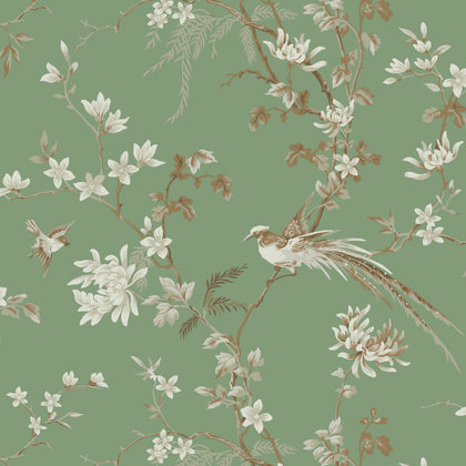 W3714-3 Green | Kravet Design | Ronald Redding |Chinoiserie Flora & Fauna Wallcovering Print