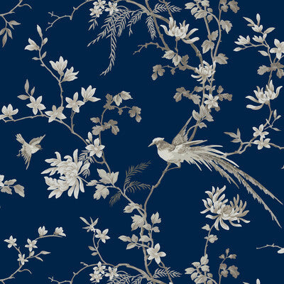 W3714-5 Blue | Kravet Design | Ronald Redding |Chinoiserie Flora & Fauna Wallcovering Print