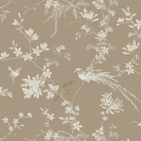 W3714-6 Brown | Kravet Design | Ronald Redding |Chinoiserie Flora & Fauna Wallcovering Print