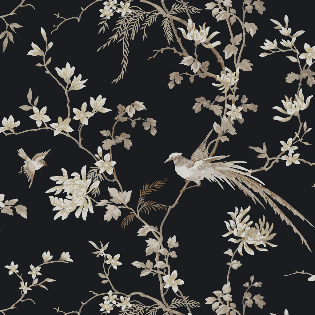 W3714-8 Black | Kravet Design | Ronald Redding |Chinoiserie Flora & Fauna Wallcovering Print
