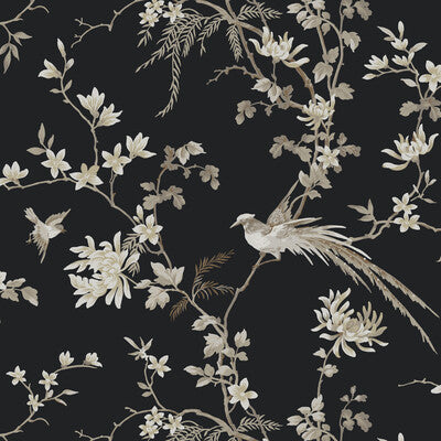 W3714-8 Black | Kravet Design | Ronald Redding |Chinoiserie Flora & Fauna Wallcovering Print