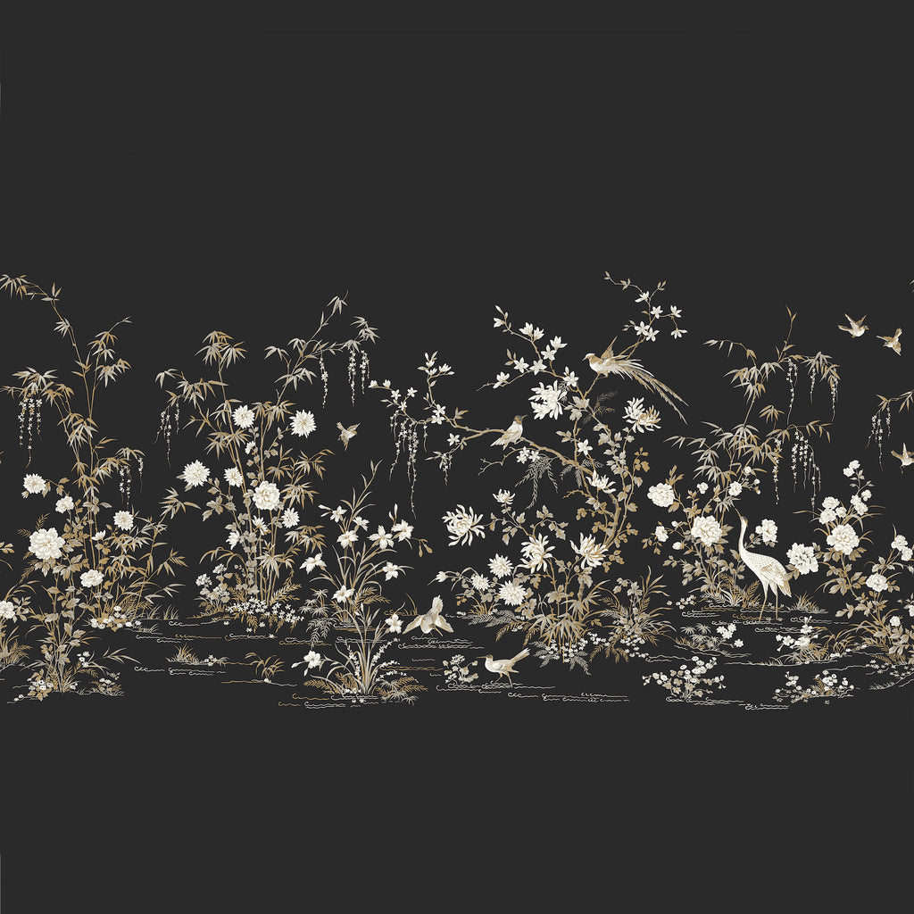 W3718-8 Black | Kravet Design | Ronald Redding | Botanical & Floral Metallic Wallcovering Print