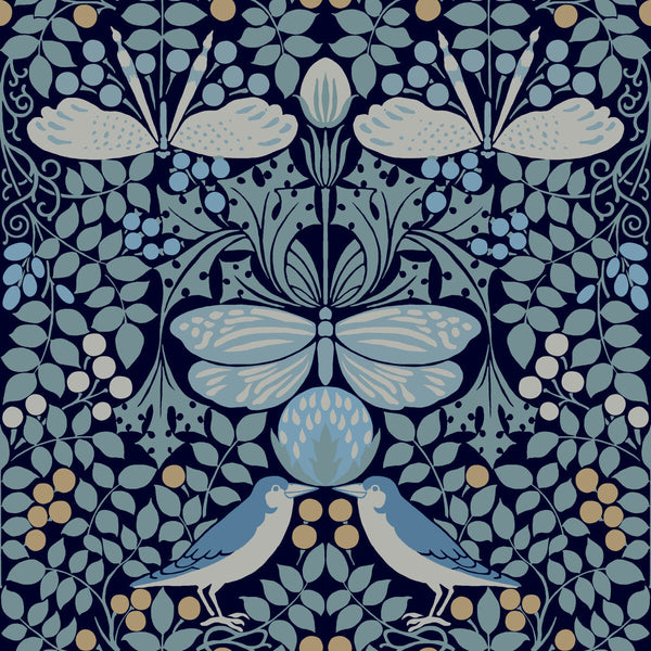 W3929 - 515 Blue | Kravet Design | Ronald Redding Arts & Crafts | Botanical & Floral Animal/Insects Wallcovering Print