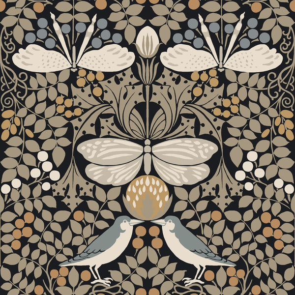 W3929 - 816 Black | Kravet Design | Ronald Redding Arts & Crafts | Botanical & Floral Animal/Insects Wallcovering Print
