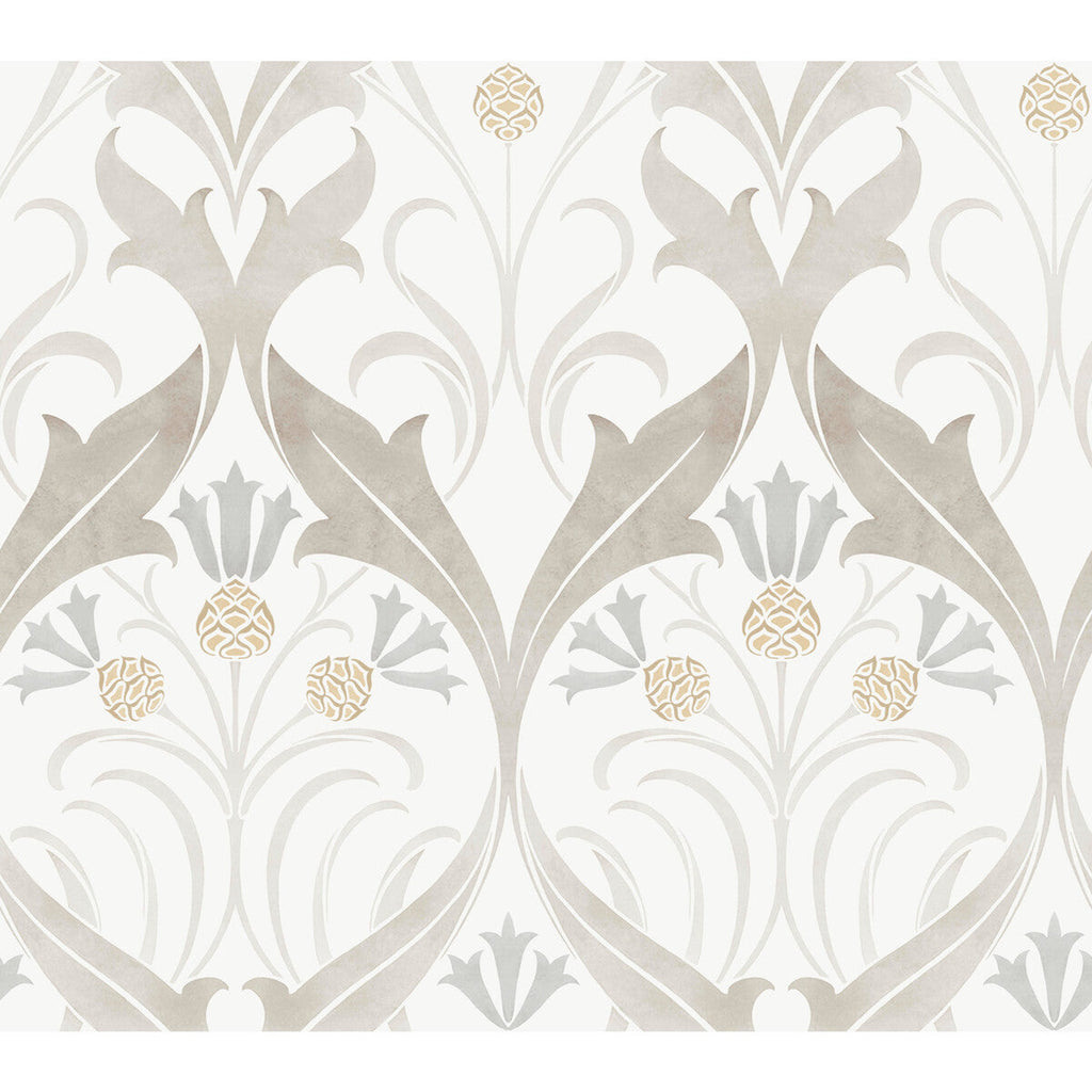 W3930 - 106 White | Kravet Design | Ronald Redding Arts & Crafts | Botanical & Floral Damask Wallcovering Print
