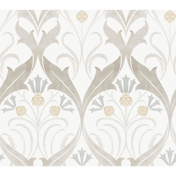 W3930 - 106 White | Kravet Design | Ronald Redding Arts & Crafts | Botanical & Floral Damask Wallcovering Print