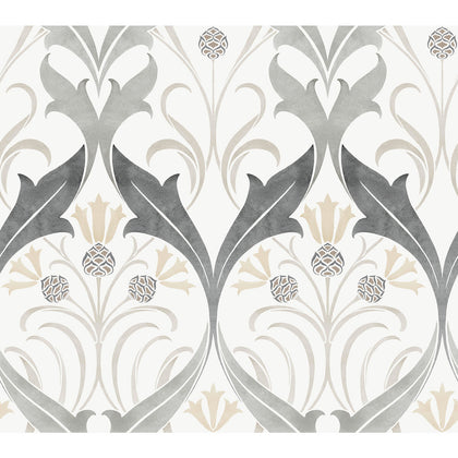 W3930 - 11 White | Kravet Design | Ronald Redding Arts & Crafts | Botanical & Floral Damask Wallcovering Print