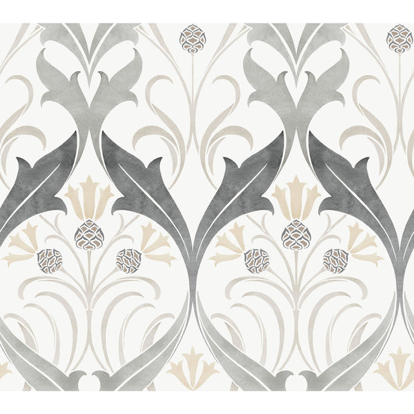 W3930 - 11 White | Kravet Design | Ronald Redding Arts & Crafts | Botanical & Floral Damask Wallcovering Print