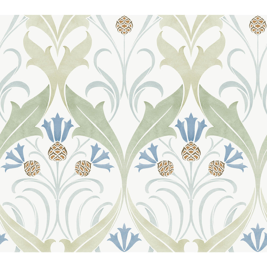 W3930 - 315 White | Kravet Design | Ronald Redding Arts & Crafts | Botanical & Floral Damask Wallcovering Print