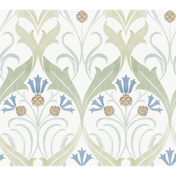 W3930 - 315 White | Kravet Design | Ronald Redding Arts & Crafts | Botanical & Floral Damask Wallcovering Print