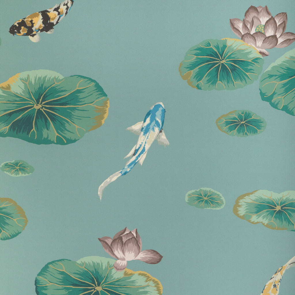 Lotus Pond Wp - Sage Teal | Kravet Couture | Casa Botanica Wallcovering | Animal/Insects Botanical & Floral Wallcovering Print