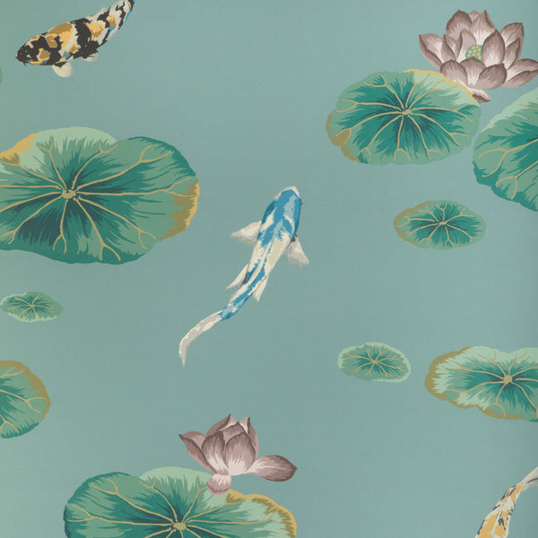 Lotus Pond Wp - Sage Teal | Kravet Couture | Casa Botanica Wallcovering | Animal/Insects Botanical & Floral Wallcovering Print