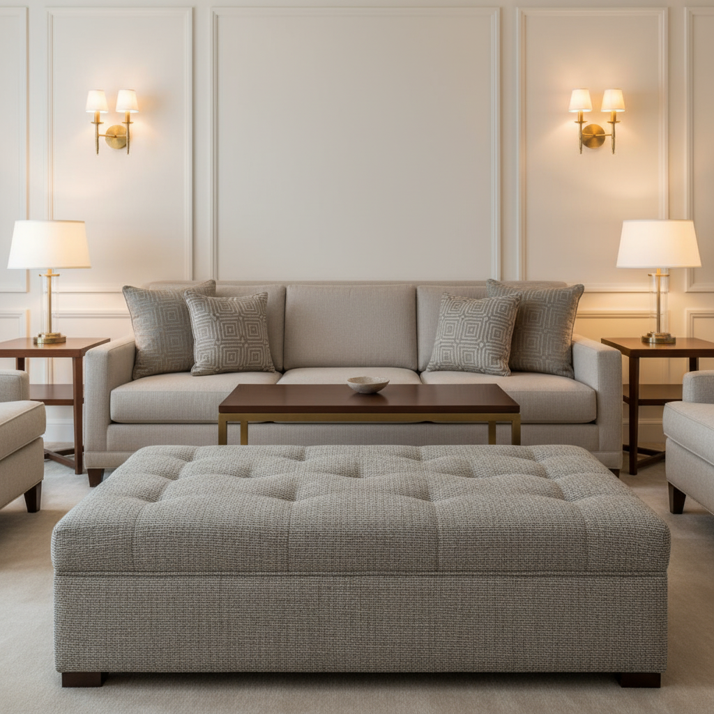 Woven Textured Weave Soft Gray Upholstered Ottoman | Architectural Fabrics