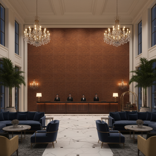 Biscay Bay Leopard Cherry Wood Grain | Hollywood Wallcoverings - Hotel Lobby commercial room setting